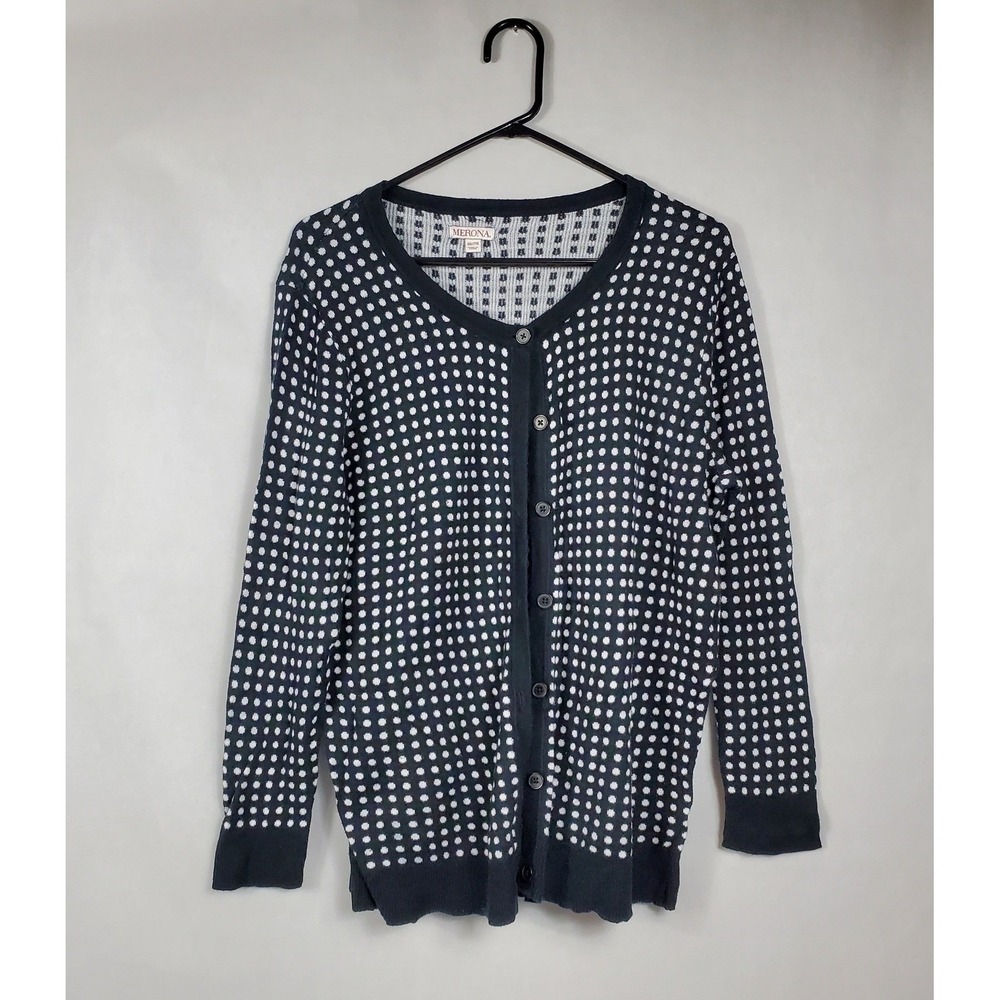 Merona Womens XXL Navy Black White Polka Dot V-Neck Cotton Cardigan Sweater